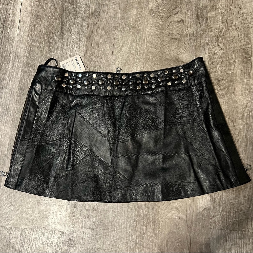 HOT!🔥NWT bebe faux leather patchwork studded moto zipper mini skirt